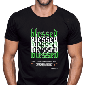 A man wearing a black t-shirt with the words " blessed ".