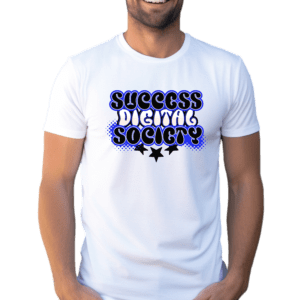 A man wearing a white t-shirt with the words " success digital society ".