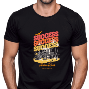 A man wearing a black t-shirt with the words " success, success, success ".