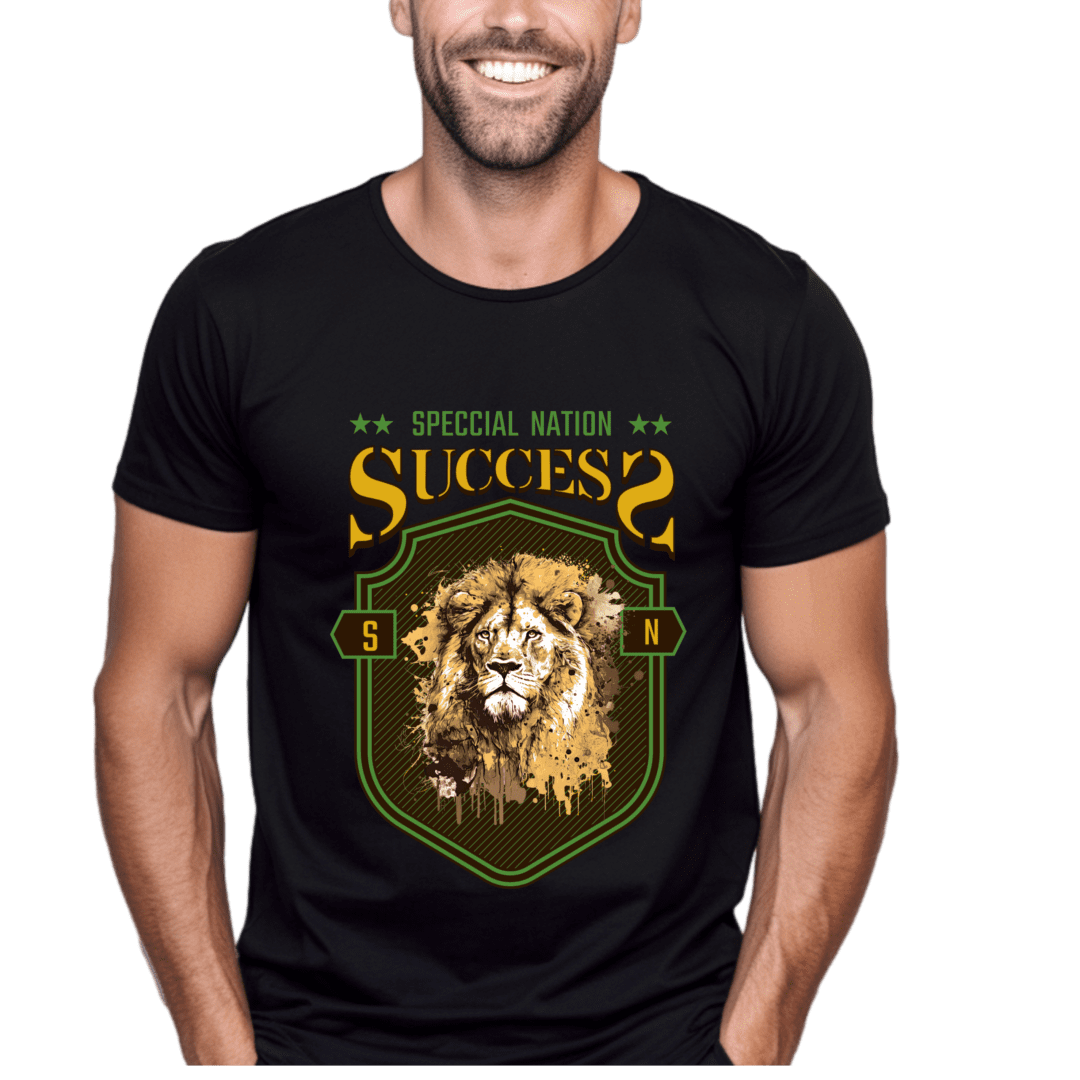 A man wearing a black t-shirt with a lion on it.