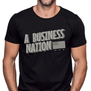 A man wearing a black t-shirt with the words " a business nation ".