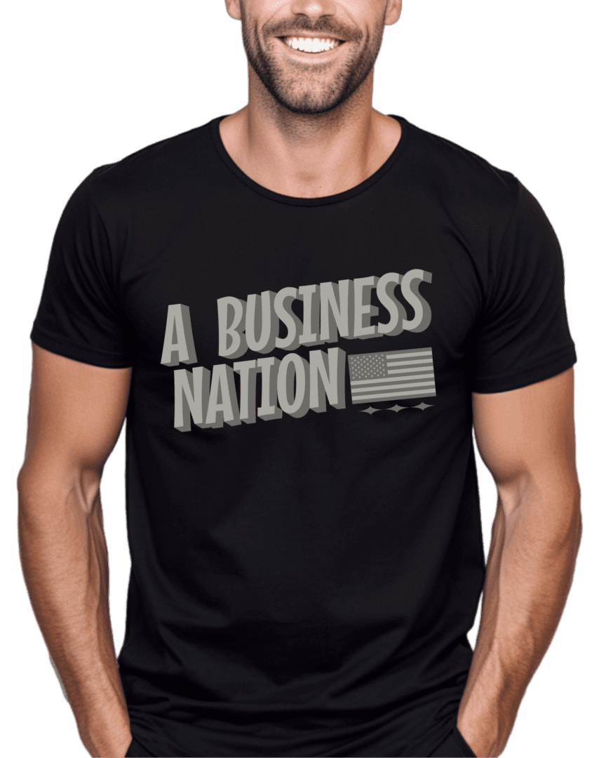 A man wearing a black t-shirt with the words " a business nation ".